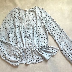 Sienna Sky Baby Blue Long Sleeve Blouse With Brown Flower Pattern